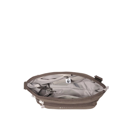 Open taupe zippered crossbody pouch with light gray interior and multiple pockets