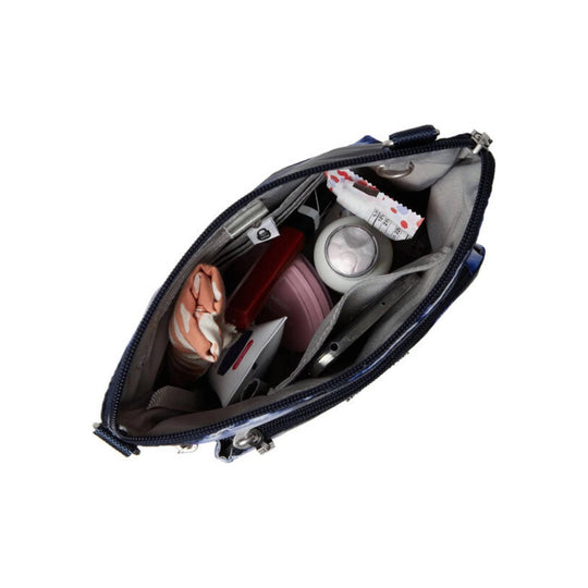 Open navy zippered pouch with gray lining and multiple compartments, holding a phone, cosmetics, and other small items