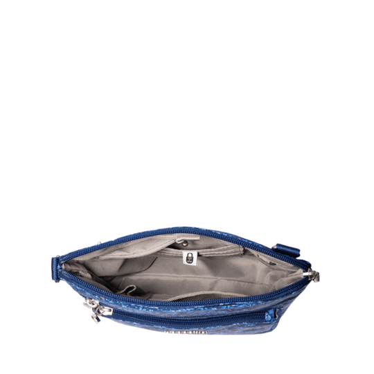 Blue crossbody bag with open zippered main compartment and front zip pocket