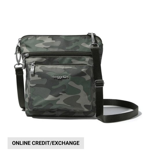 Camouflage crossbody bag with front zip pockets and adjustable shoulder strap