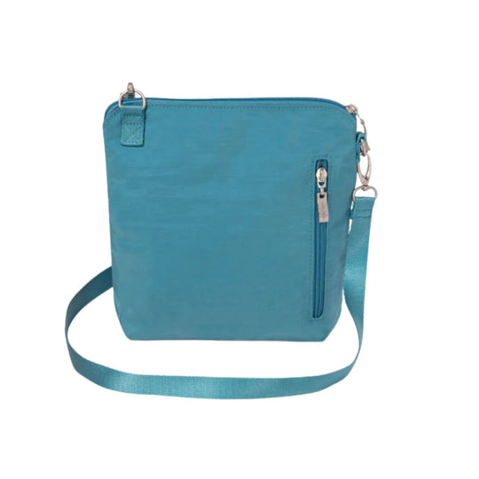 Turquoise crossbody bag with front zip pocket, top zipper, and adjustable strap