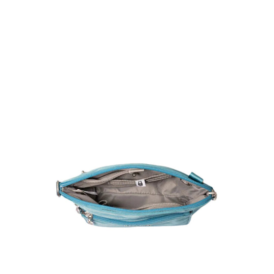 Light blue crossbody bag with an open top zipper and gray interior lining