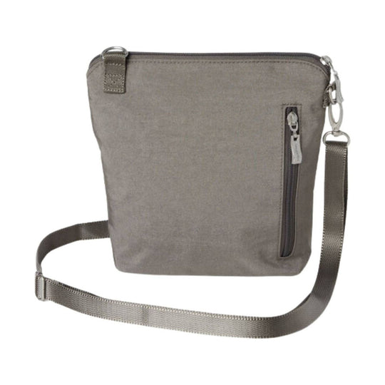 Taupe crossbody bag with a front zip pocket and adjustable strap