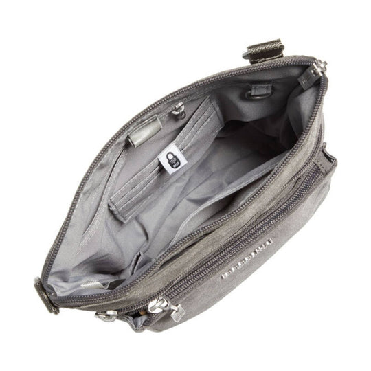 Gray zippered crossbody bag shown open with interior pockets and adjustable strap