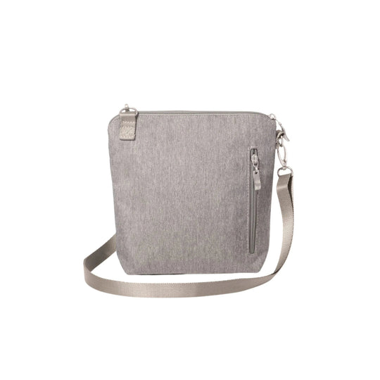 Light gray crossbody bag with zipper front pocket and adjustable strap