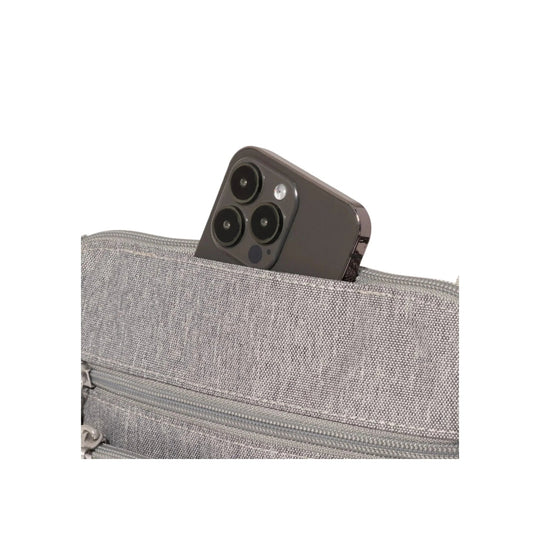Gray fabric crossbody bag with a front zip pocket, shown with a smartphone sticking out of the top.