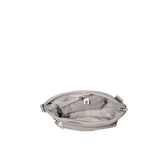 Open gray crossbody bag with zippered top, front zipper pocket, and interior slip pockets