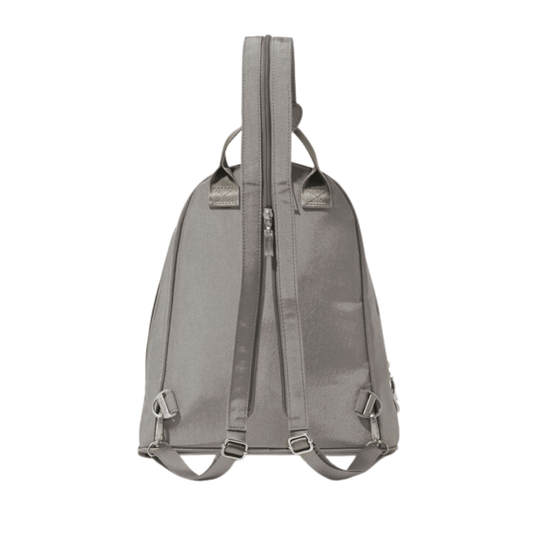 Gray convertible backpack with top handle, front zipper, and adjustable shoulder straps