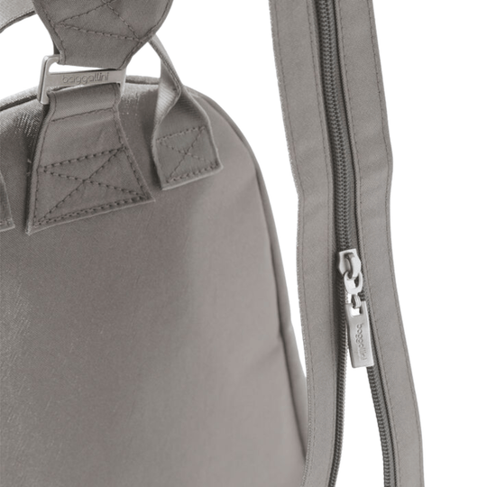 Gray backpack with top handles, shoulder strap, and vertical zipper pocket