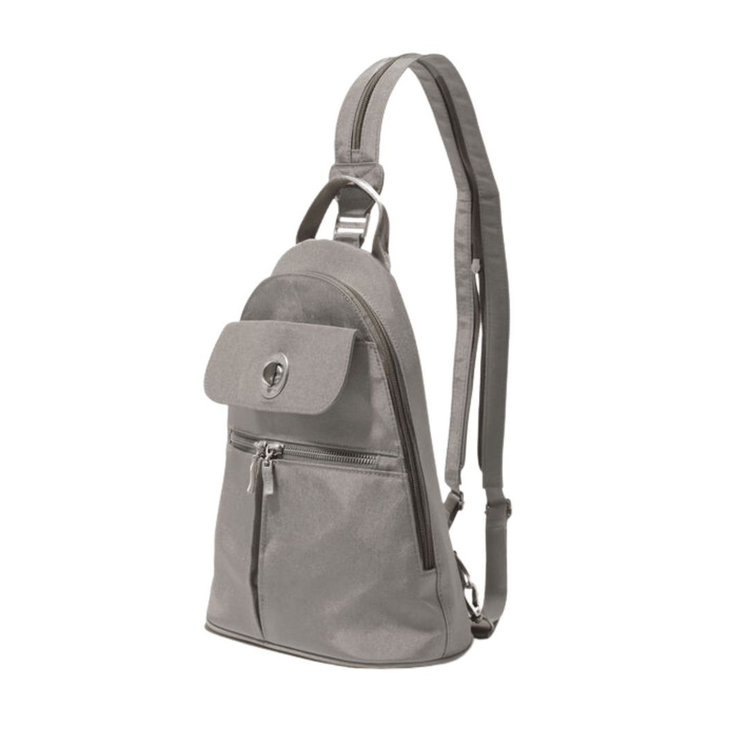 Gray convertible backpack with front flap pocket, zip front pocket, and adjustable shoulder straps
