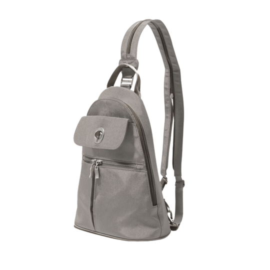 Gray convertible backpack with front flap pocket, zip front pocket, and adjustable shoulder straps