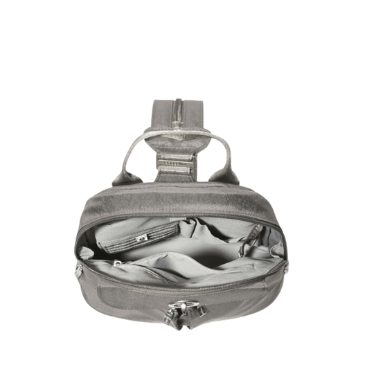 Gray convertible backpack with a top handle, front zip pocket, and open main compartment