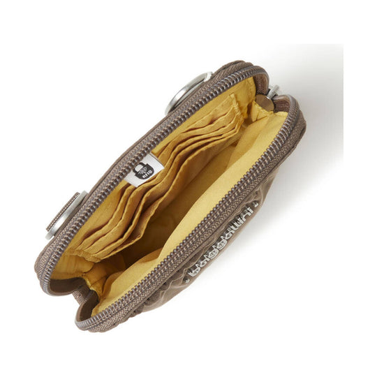 Open brown zippered wallet with yellow lining and multiple card slots