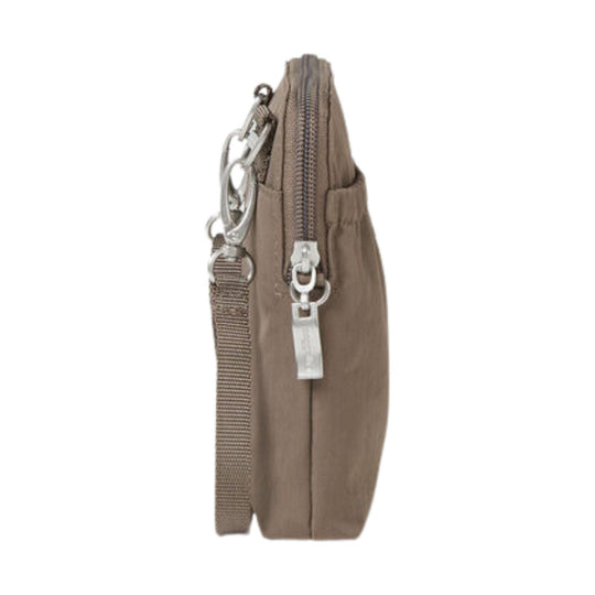 Small taupe zippered pouch with a wrist strap and metal clip