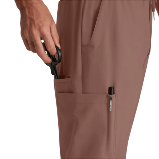 Brown jogger scrub pants with side cargo pockets and a pen pocket