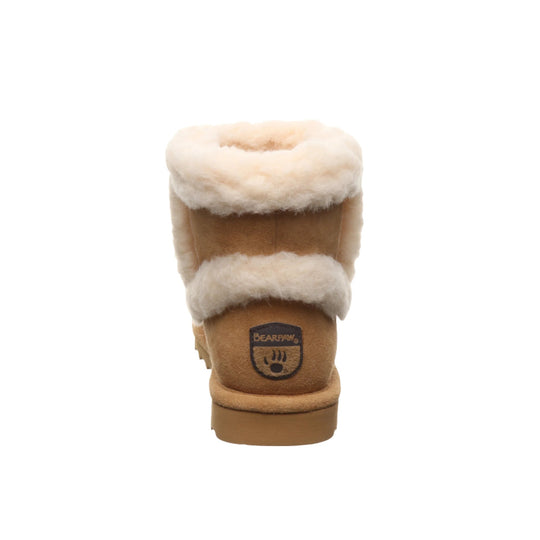 Tan suede boot with white faux-fur cuff and back logo patch, shown from the rear