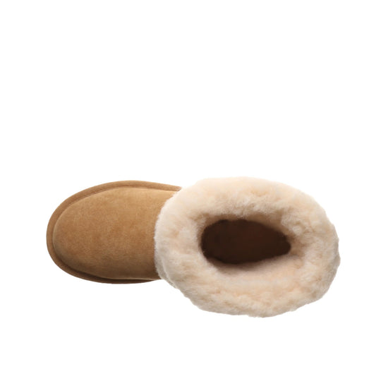 Tan suede boot with cream shearling lining, shown from above on a white background