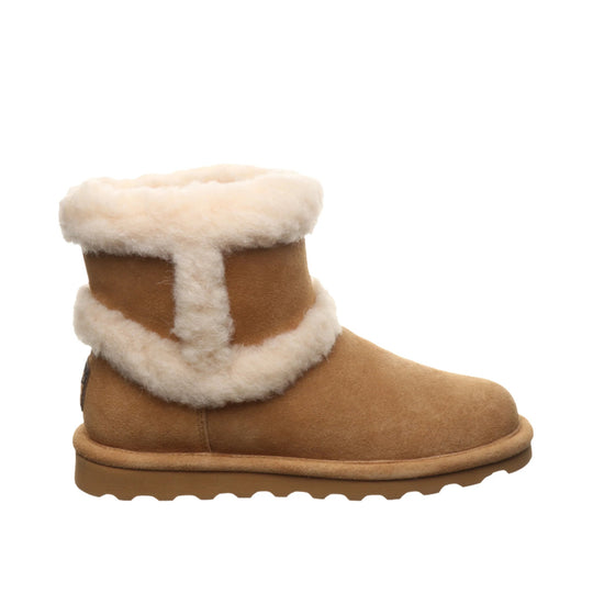Tan suede boot with white faux-fur trim and cuff, shown in side view