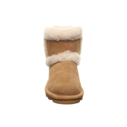 Tan suede mid-calf boot with white faux-fur cuff and trim