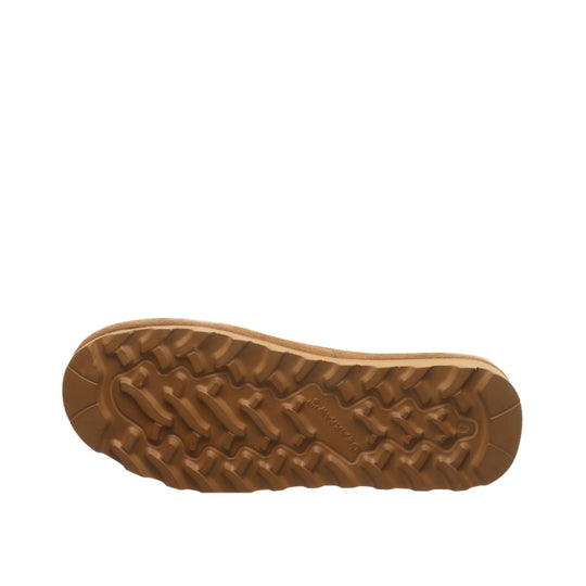 Brown boot outsole with deep tread and embossed text
