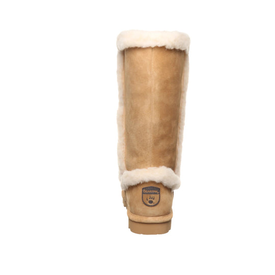 Tan suede tall winter boot with white faux-fur trim and BEARPAW logo on the heel