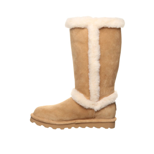 Tan suede knee-high boot with white faux fur trim and sole