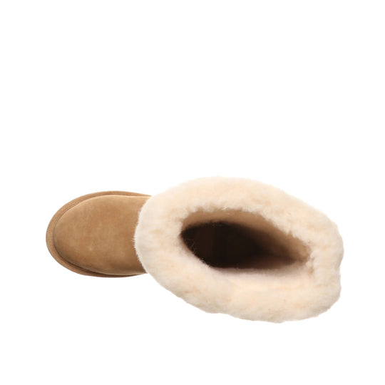 Tan suede boot with cream shearling lining, shown from the top