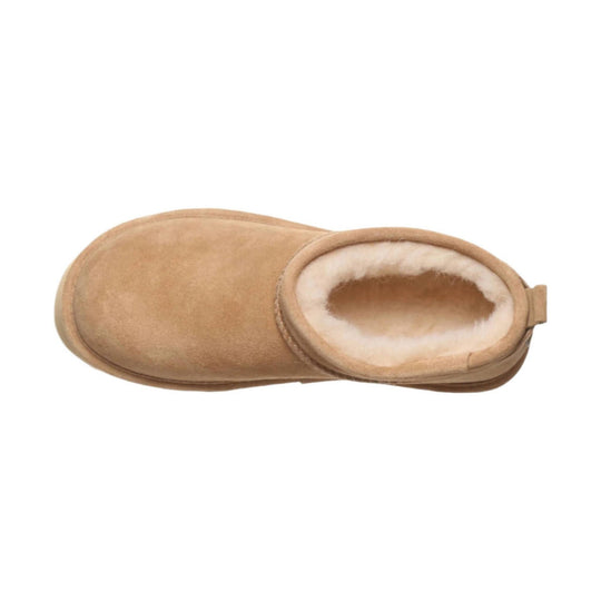 Tan suede slip-on boot with cream fleece lining, shown from the side