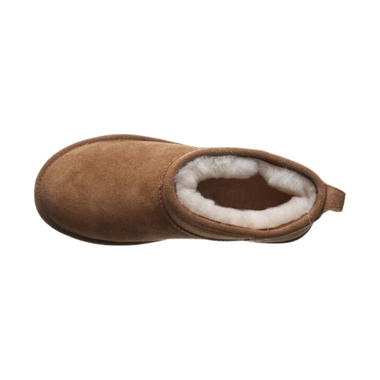 Brown suede ankle boot with white fleece lining