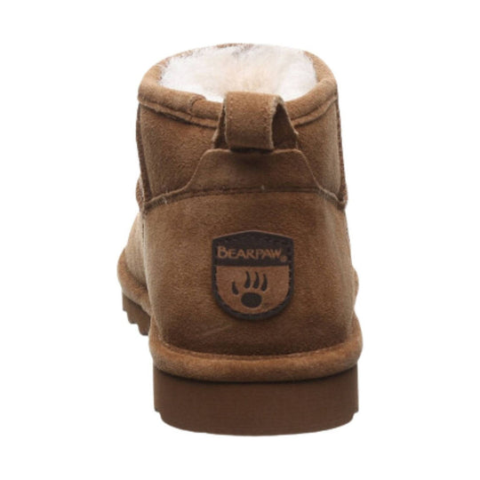 Brown suede ankle boot with white fleece lining and a rear pull tab