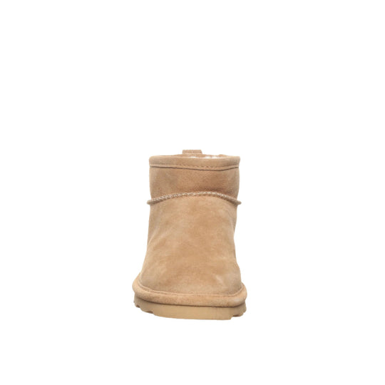 Tan suede ankle boot with a fold-over cuff, front view