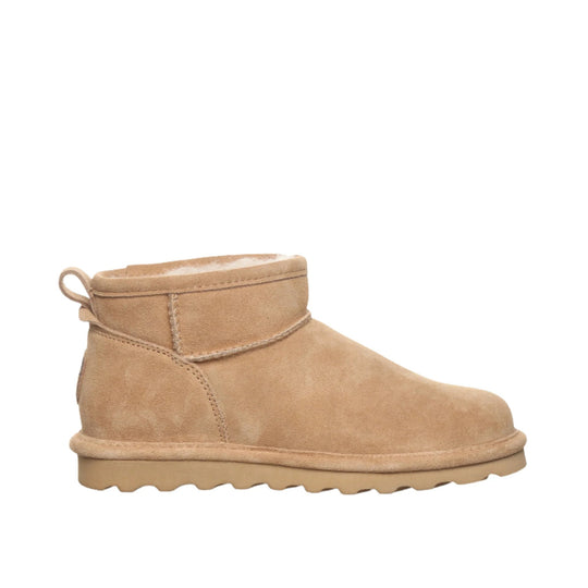 Tan suede ankle boot with rounded toe and thick rubber sole, side view