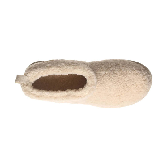 Cream sherpa-lined slipper boot with side opening and pull tab