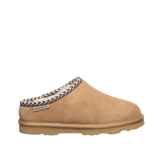 Tan suede closed-back slipper with cream-and-brown patterned trim and a BEARPAW side tag