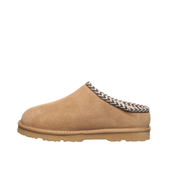 Tan suede slip-on slipper with black-and-white chevron trim around the opening