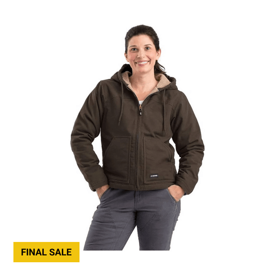 Brown hooded jacket with sherpa lining, front zipper, and hand pockets; “FINAL SALE” label
