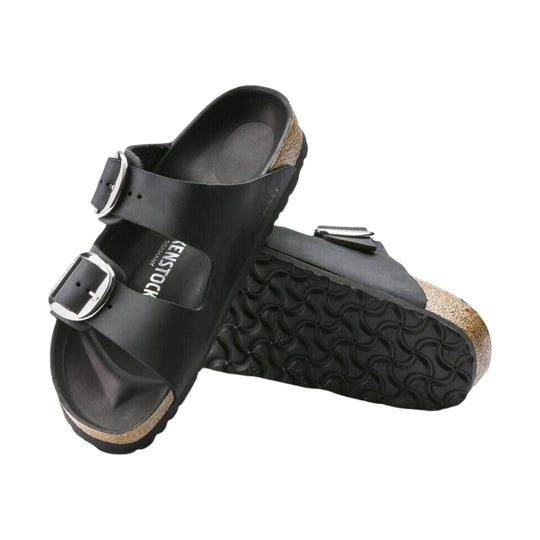 Black two-strap cork footbed sandals with large buckles