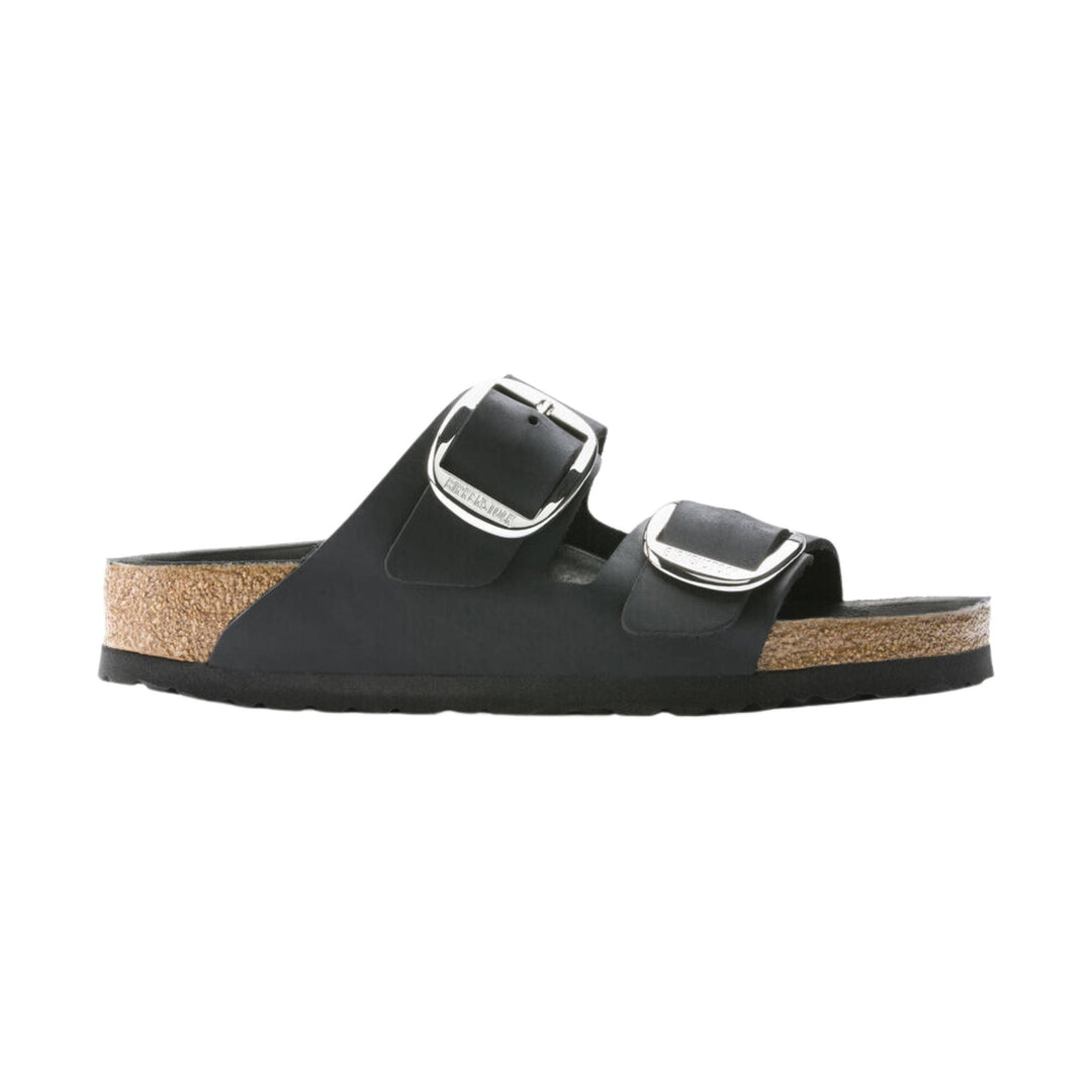 Black two-strap cork footbed sandal with oversized silver buckles