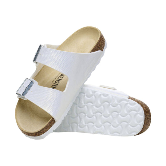 White double-strap cork footbed sandals with metal buckles
