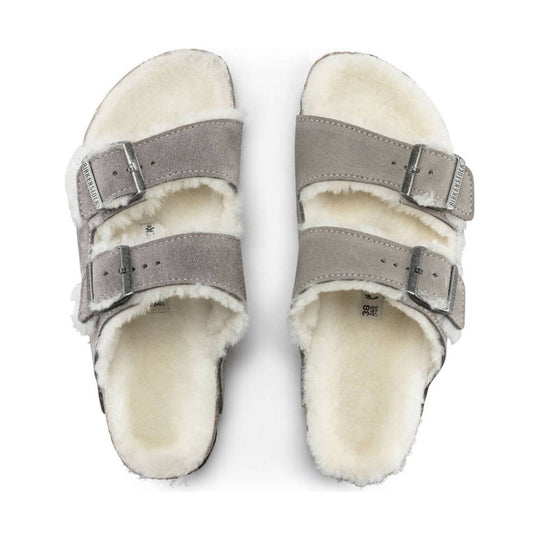 Shearling-lined double-buckle sandals in stone suede
