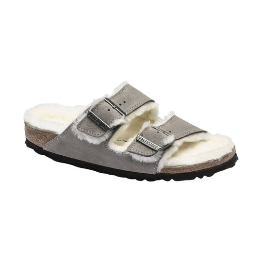 Gray suede shearling slide sandal with two buckled straps and black sole