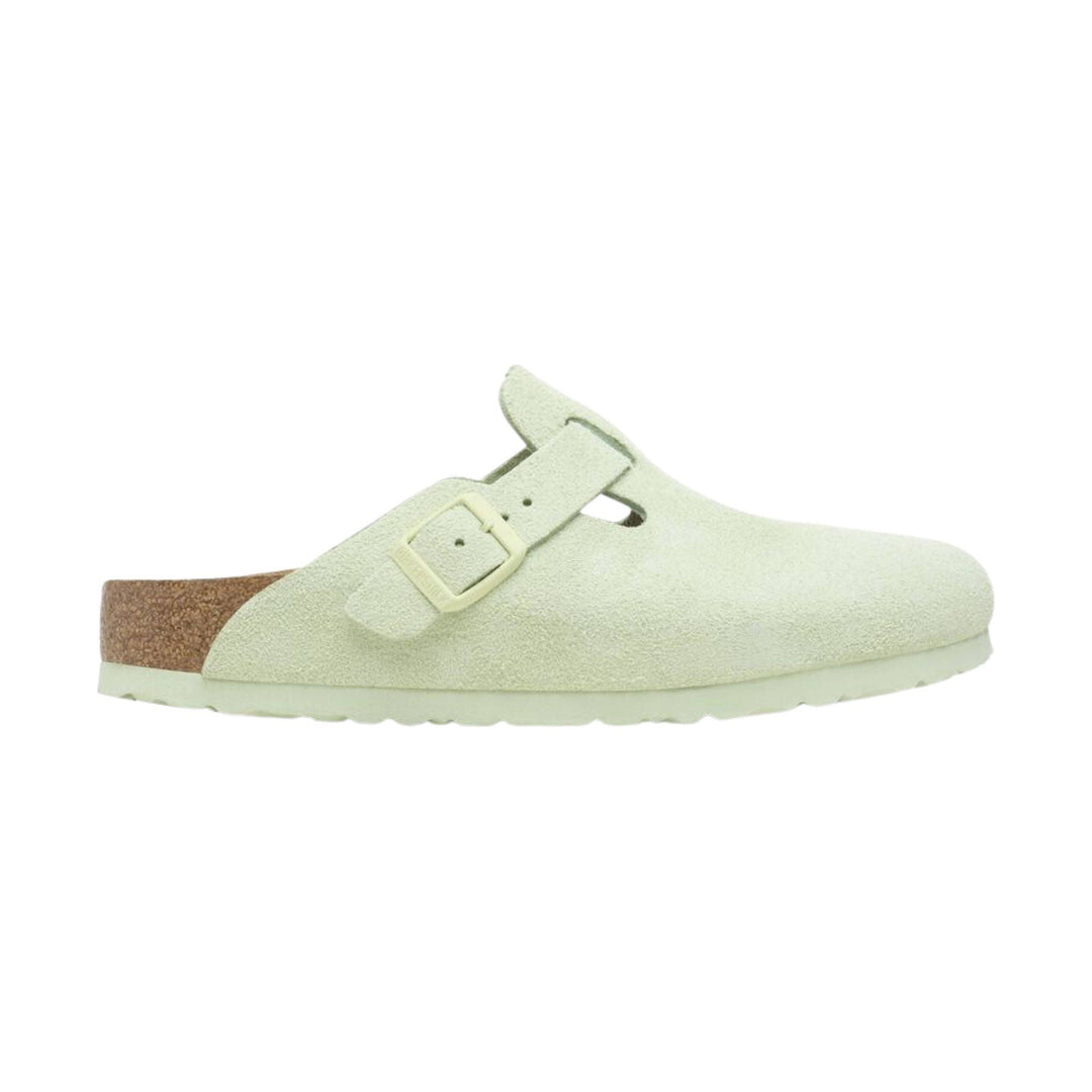 Light cream suede clog with a buckle strap and cork heel