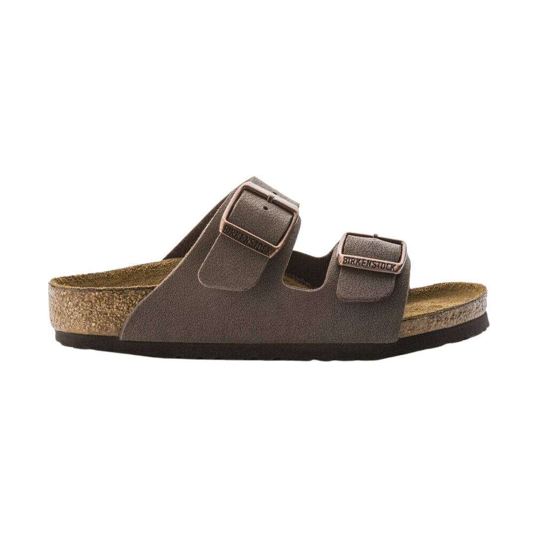 Brown two-strap sandal with cork footbed and Birkenstock buckles