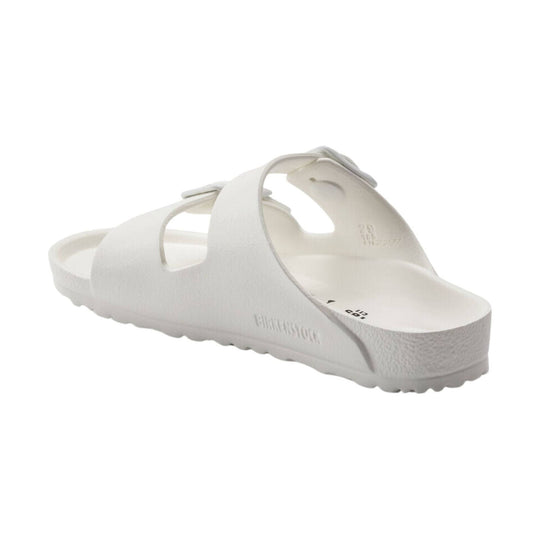 White two-strap slide sandal with contoured footbed and embossed side logo