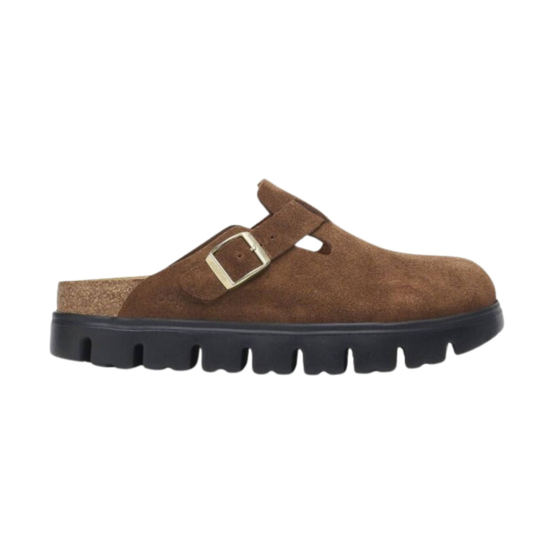 Brown suede clog with a buckle strap and black ridged platform sole