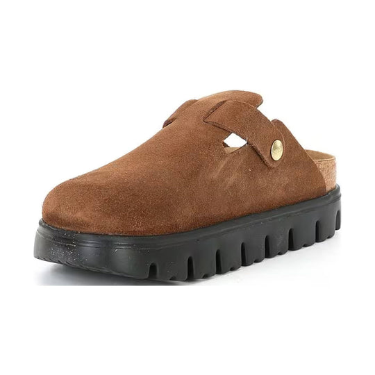 Brown suede slip-on clog with a black chunky sole and side cutout strap