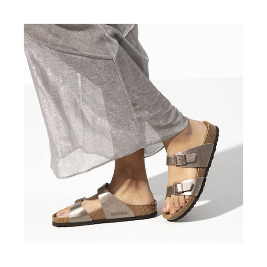 Taupe two-strap slide sandal with buckles and cork footbed