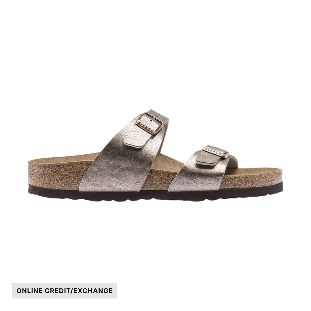 Metallic two-strap footbed sandal with buckle details