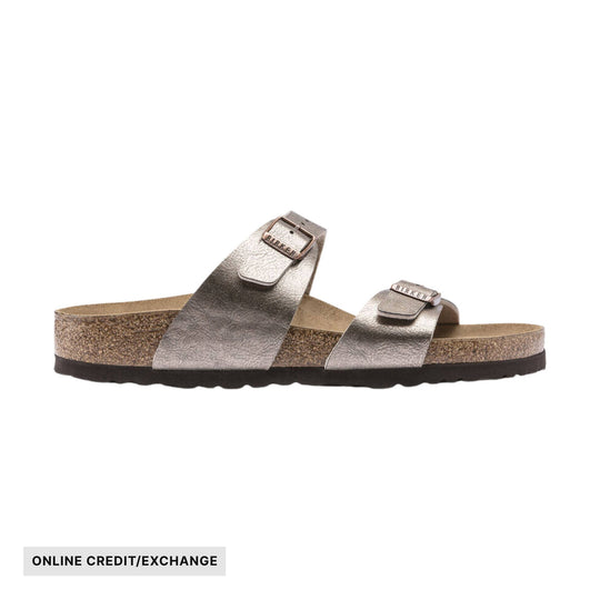 Metallic two-strap footbed sandal with buckle details