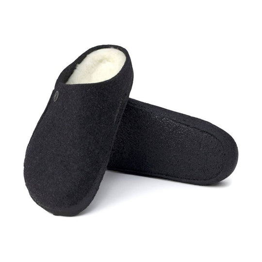 Black shearling-lined clog slippers with closed toes and open backs